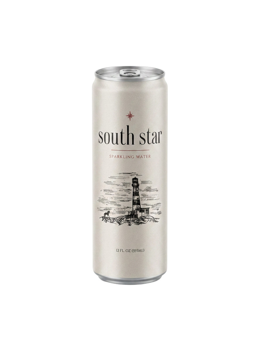 South Star sparkling water can, 355 ml, with lighthouse illustration